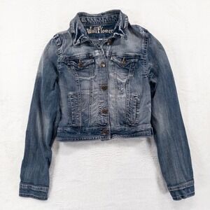 WallFlower Denim Jean Jacket Juniors Medium Blue Distressed Cropped Trucker